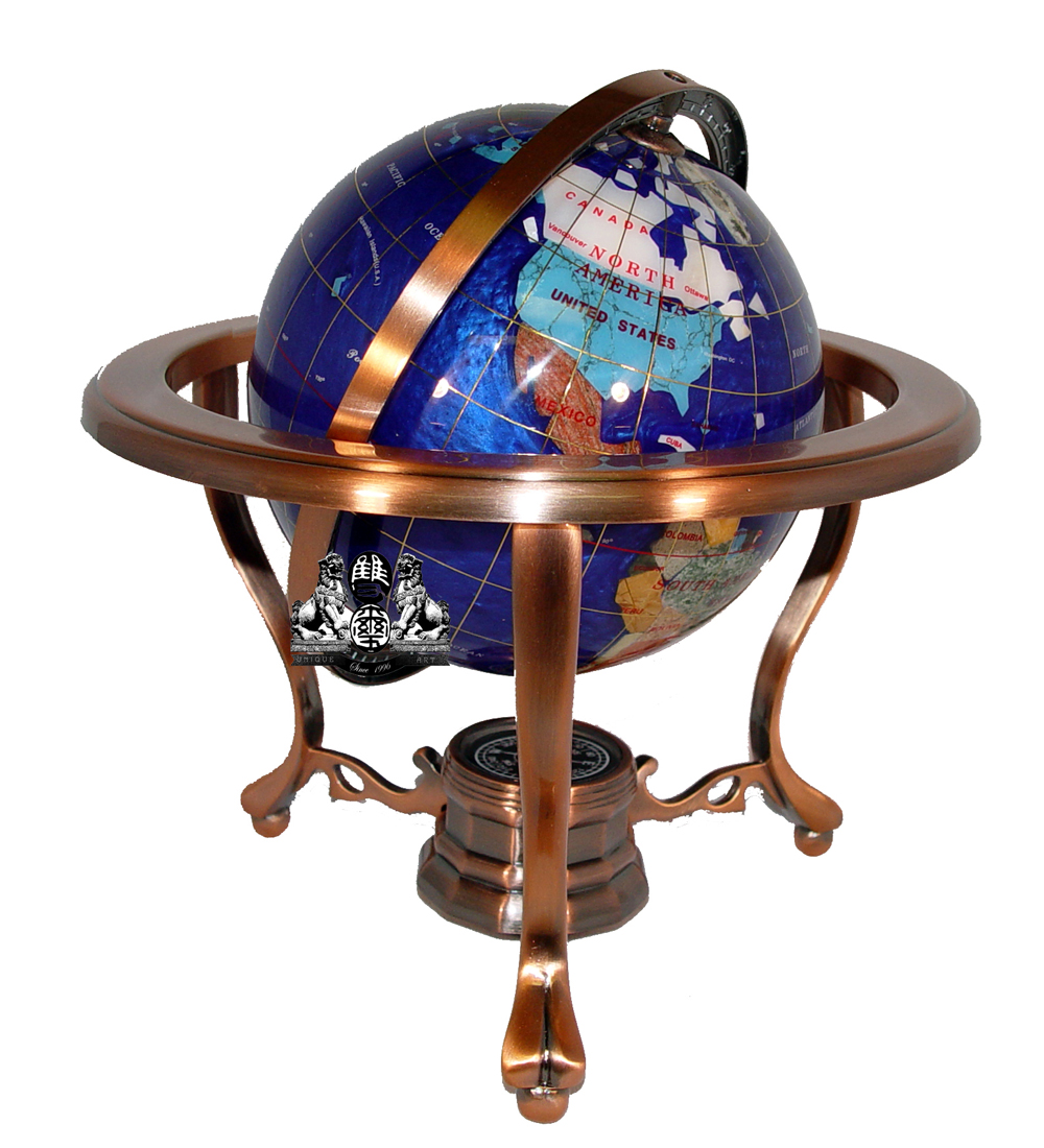 10" Tall Table Top Rosy Pink Pearl Swirl Ocean Gemstone World Globe Tripod Gold 